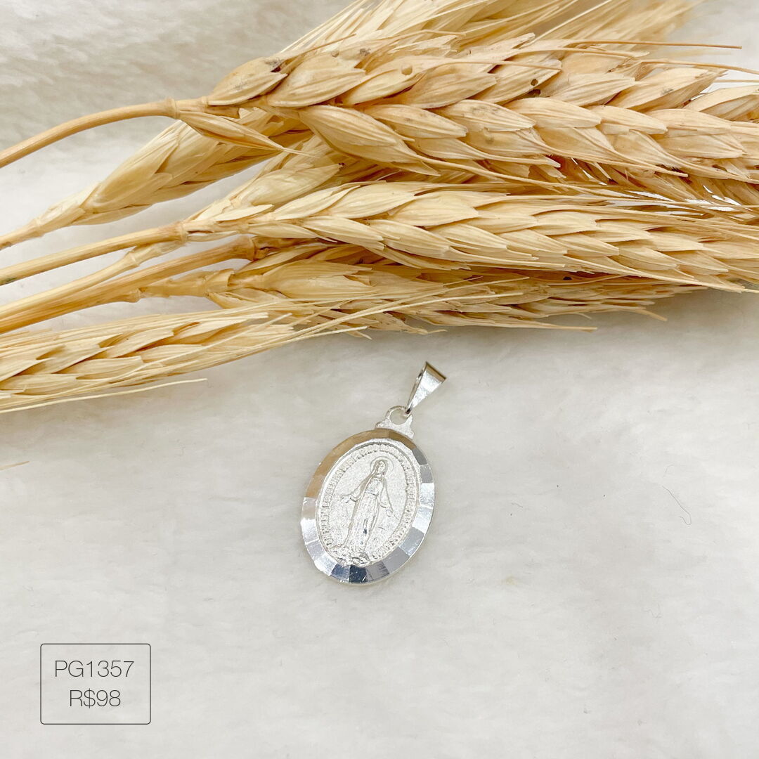 Pingente N. Senhora das Graças Oval Diamantado Liso Prateado